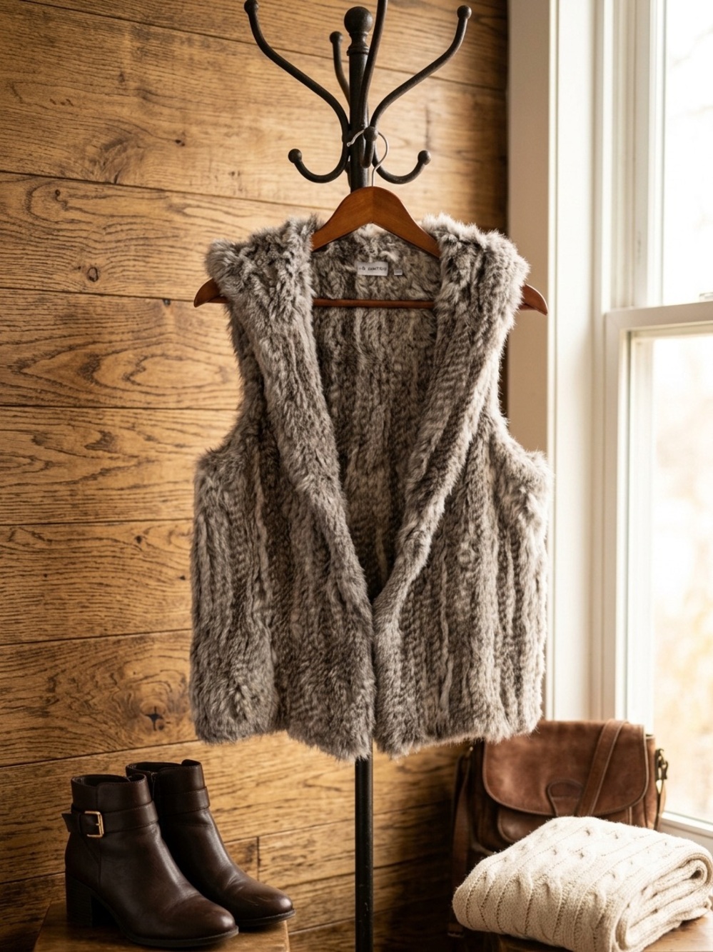 Rabbit Fur Hooded Vest in Brown and Cream 525 American M